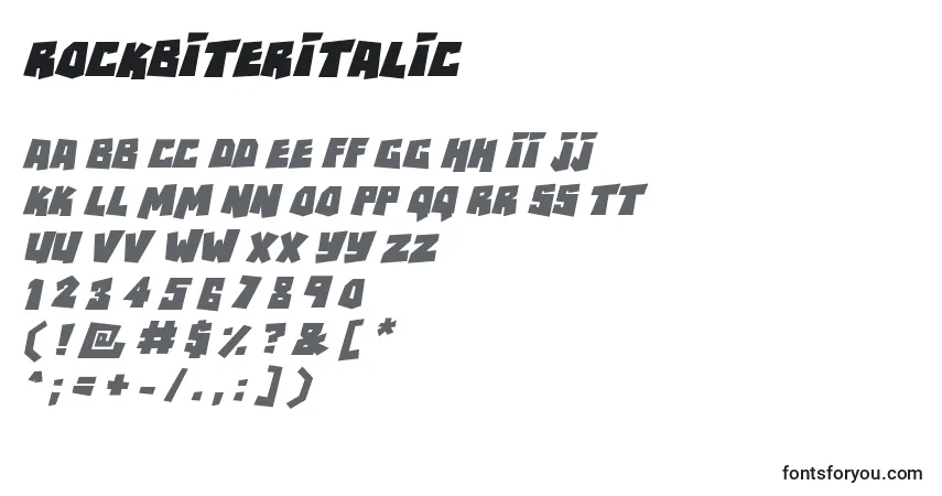 A fonte RockbiterItalic – alfabeto, números, caracteres especiais