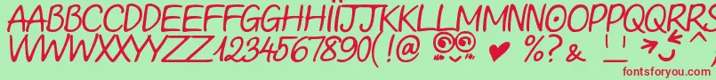LooongTimeNoSeeSamDemo-Schriftart – Rote Schriften auf grünem Hintergrund