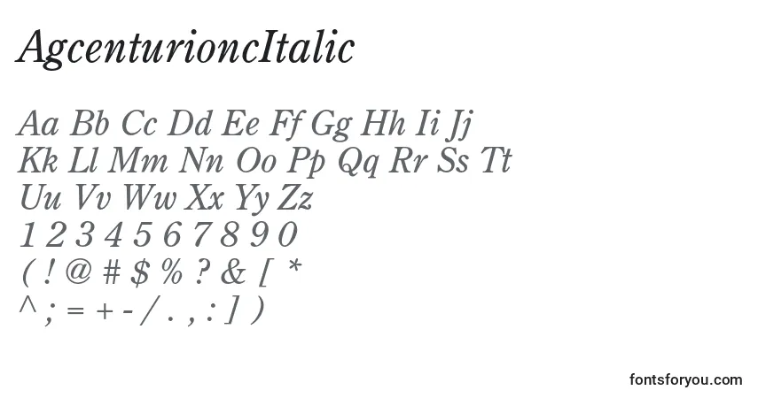 Schriftart AgcenturioncItalic – Alphabet, Zahlen, spezielle Symbole