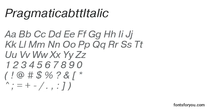 A fonte PragmaticabttItalic – alfabeto, números, caracteres especiais