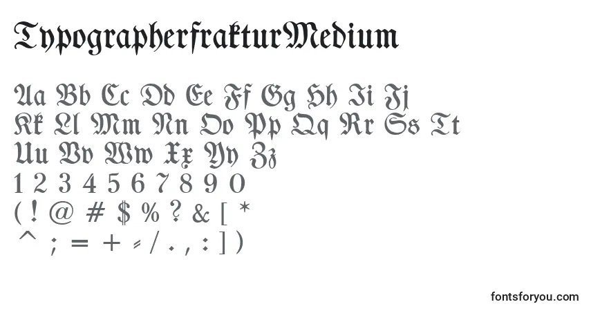 A fonte TypographerfrakturMedium – alfabeto, números, caracteres especiais
