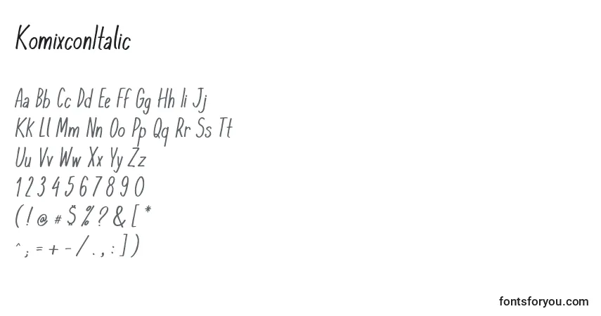 Schriftart KomixconItalic (71113) – Alphabet, Zahlen, spezielle Symbole