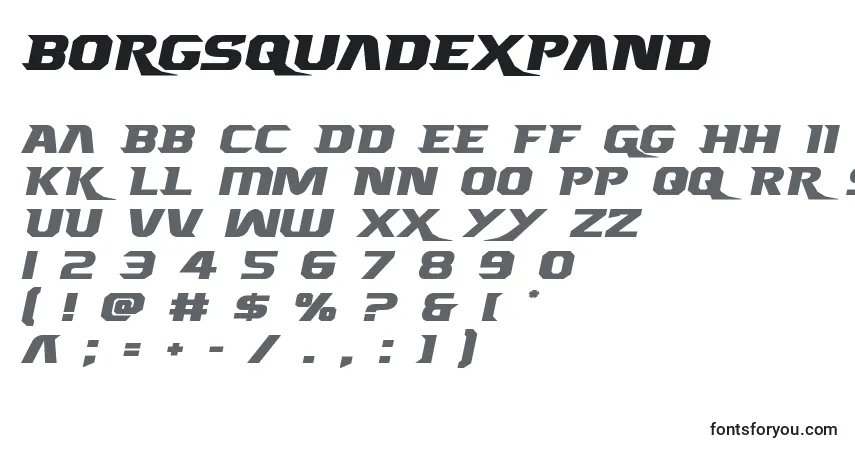 Schriftart Borgsquadexpand – Alphabet, Zahlen, spezielle Symbole