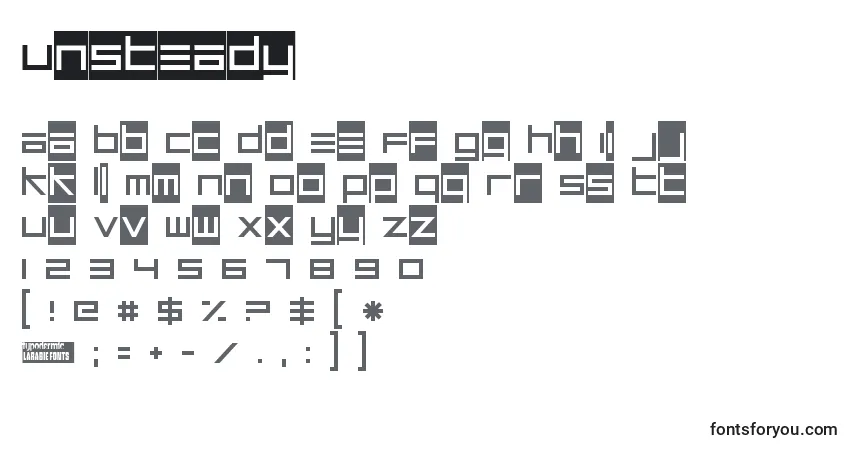 Czcionka Unsteady – alfabet, cyfry, specjalne znaki