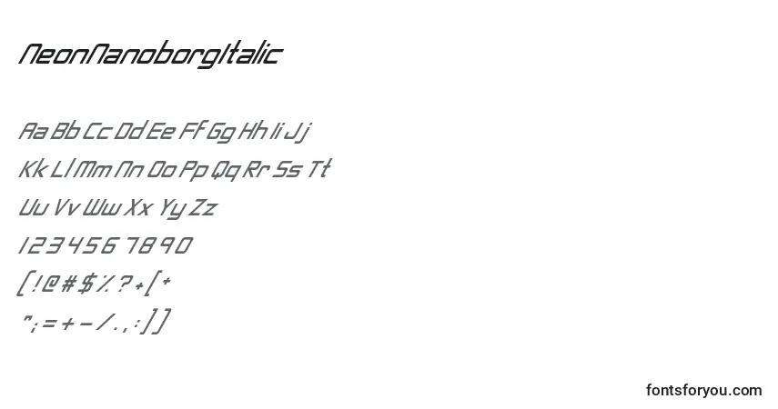 A fonte NeonNanoborgItalic – alfabeto, números, caracteres especiais
