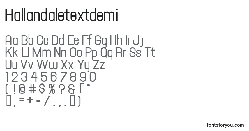 A fonte Hallandaletextdemi – alfabeto, números, caracteres especiais