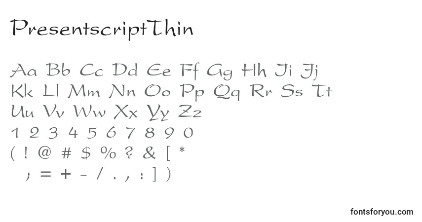 Schriftart PresentscriptThin – Alphabet, Zahlen, spezielle Symbole