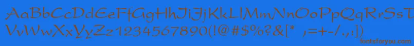 フォントPresentscriptThin – 茶色の文字が青い背景にあります。