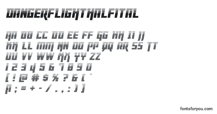 A fonte Dangerflighthalfital – alfabeto, números, caracteres especiais