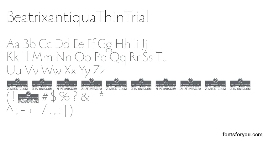 Czcionka BeatrixantiquaThinTrial – alfabet, cyfry, specjalne znaki