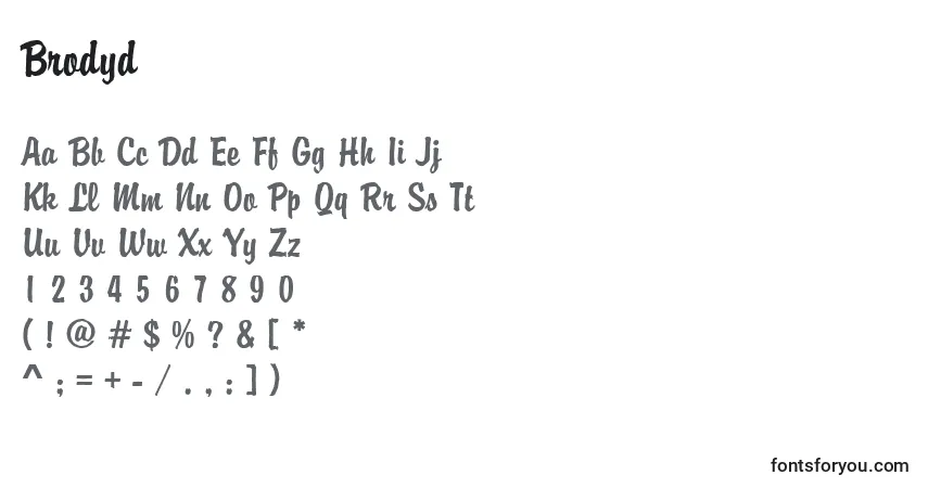 Fuente Brodyd - alfabeto, números, caracteres especiales