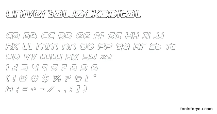 Czcionka Universaljack3Dital – alfabet, cyfry, specjalne znaki