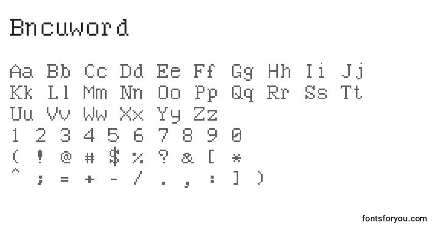 Czcionka Bncuword – alfabet, cyfry, specjalne znaki