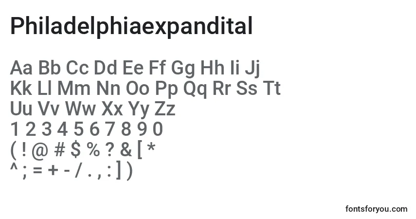 A fonte Philadelphiaexpandital – alfabeto, números, caracteres especiais