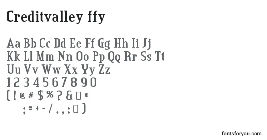 A fonte Creditvalley ffy – alfabeto, números, caracteres especiais