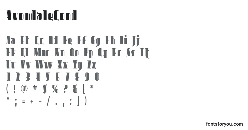 Шрифт AvondaleCond – алфавит, цифры, специальные символы