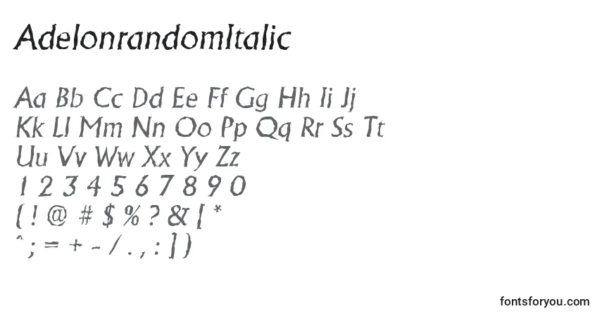 Czcionka AdelonrandomItalic – alfabet, cyfry, specjalne znaki