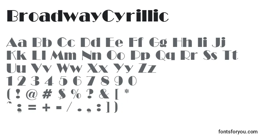 Czcionka BroadwayCyrillic – alfabet, cyfry, specjalne znaki
