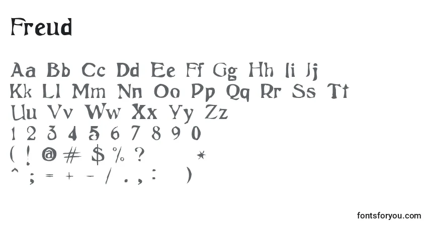 Czcionka Freud – alfabet, cyfry, specjalne znaki