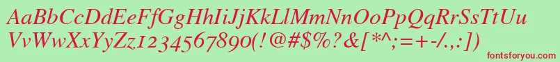 GrecoOldstyleSsiItalicOldStyleFigures-Schriftart – Rote Schriften auf grünem Hintergrund