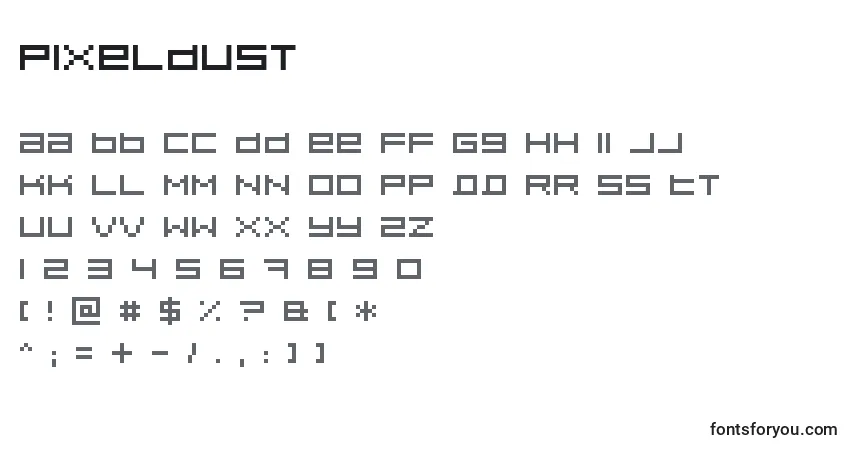 A fonte Pixeldust – alfabeto, números, caracteres especiais