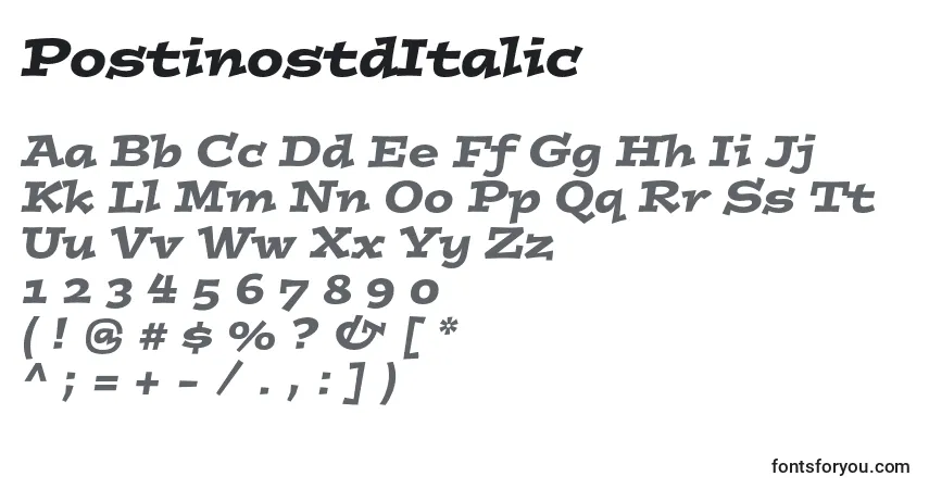Schriftart PostinostdItalic – Alphabet, Zahlen, spezielle Symbole