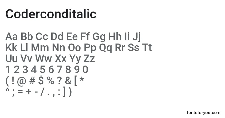 Schriftart Coderconditalic – Alphabet, Zahlen, spezielle Symbole