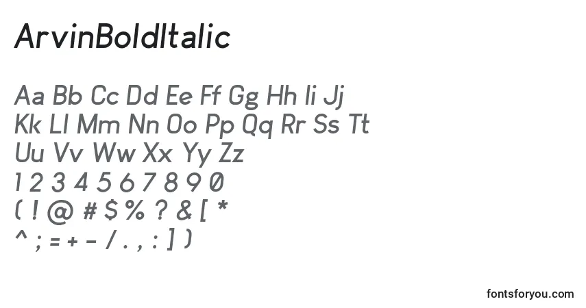 Schriftart ArvinBoldItalic – Alphabet, Zahlen, spezielle Symbole