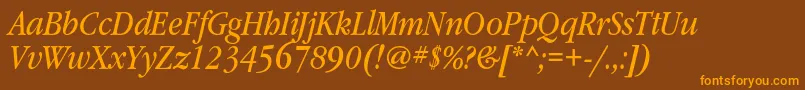 GaramondbooknarrowcItalic-Schriftart – Orangefarbene Schriften auf braunem Hintergrund
