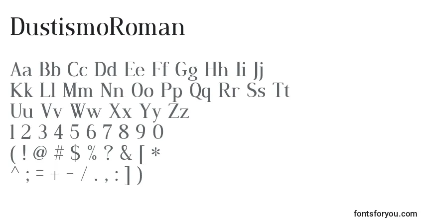 Czcionka DustismoRoman – alfabet, cyfry, specjalne znaki
