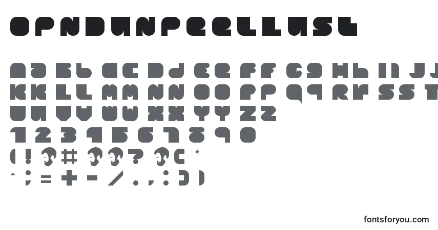 A fonte OpnDunpeelLust – alfabeto, números, caracteres especiais