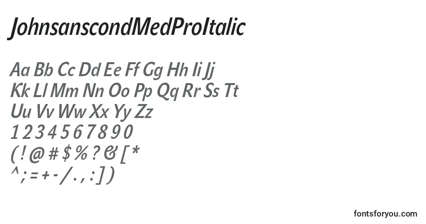 Schriftart JohnsanscondMedProItalic – Alphabet, Zahlen, spezielle Symbole
