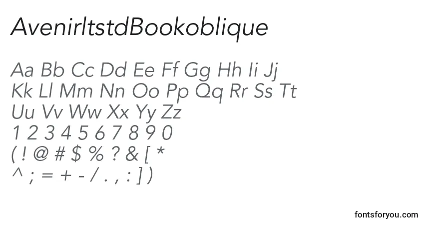 Schriftart AvenirltstdBookoblique – Alphabet, Zahlen, spezielle Symbole