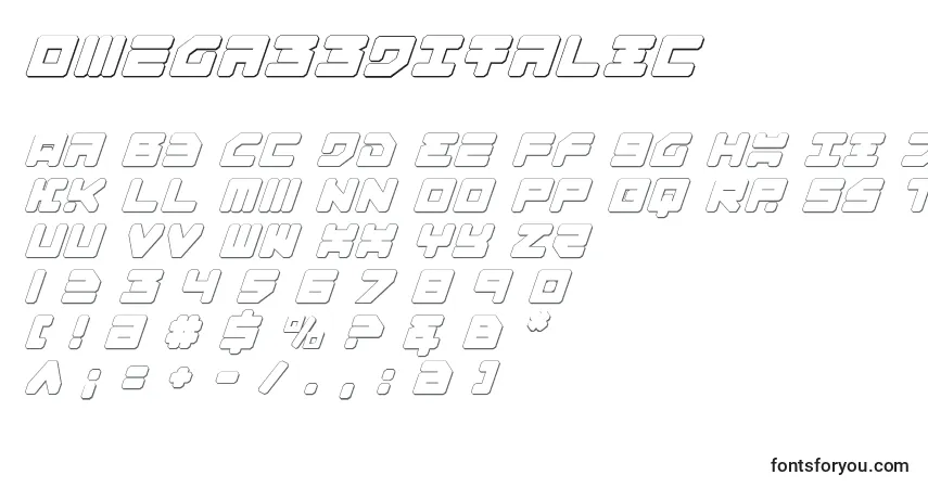 Schriftart Omega33DItalic – Alphabet, Zahlen, spezielle Symbole
