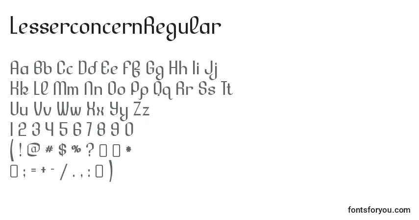 Czcionka LesserconcernRegular – alfabet, cyfry, specjalne znaki