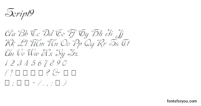 Czcionka Script9 – alfabet, cyfry, specjalne znaki