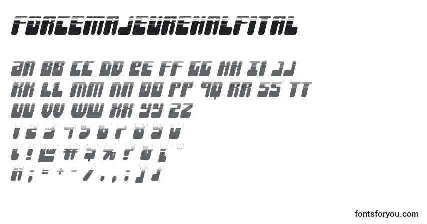 A fonte Forcemajeurehalfital – alfabeto, números, caracteres especiais