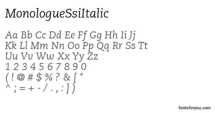 Czcionka MonologueSsiItalic – alfabet, cyfry, specjalne znaki