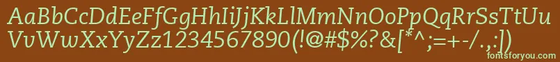 フォントMonologueSsiItalic – 緑色の文字が茶色の背景にあります。