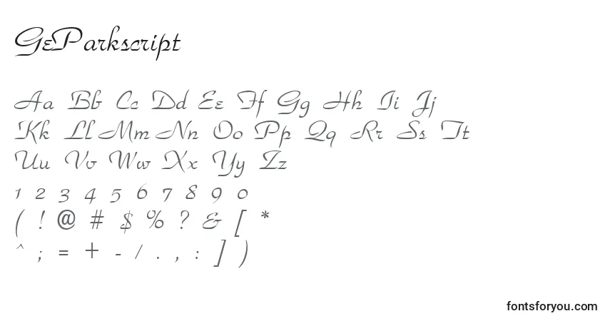 Czcionka GeParkscript – alfabet, cyfry, specjalne znaki
