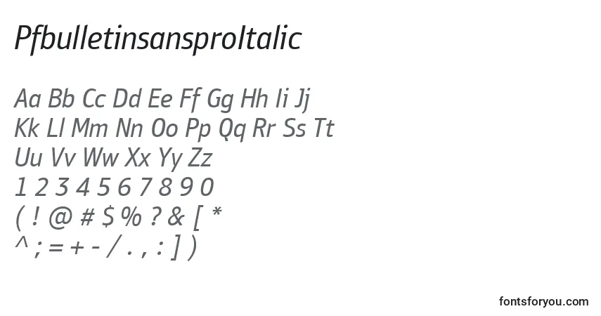 Czcionka PfbulletinsansproItalic – alfabet, cyfry, specjalne znaki