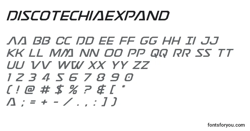 Czcionka Discotechiaexpand – alfabet, cyfry, specjalne znaki