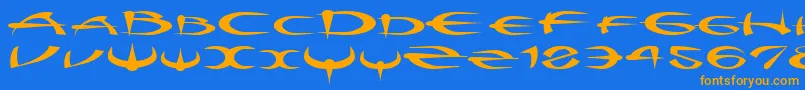 フォントMyquestr – オレンジ色の文字が青い背景にあります。