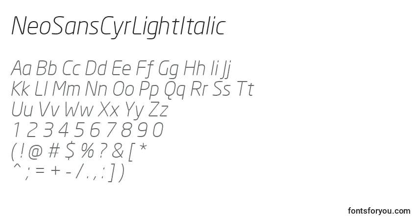 A fonte NeoSansCyrLightItalic – alfabeto, números, caracteres especiais