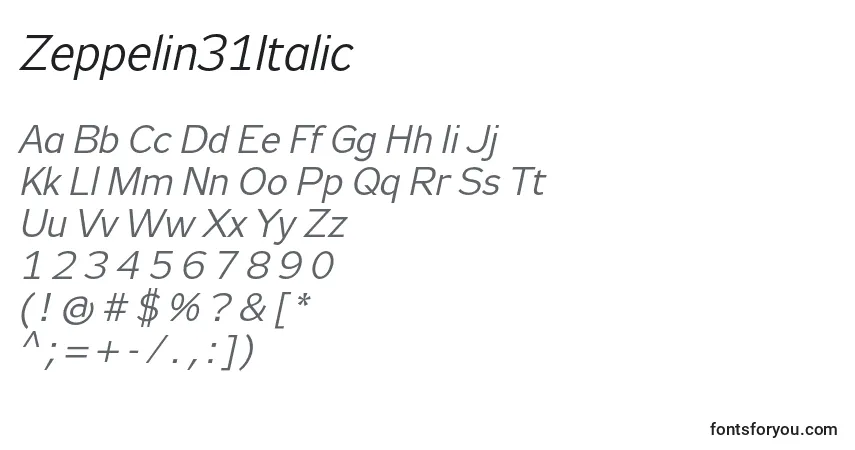 A fonte Zeppelin31Italic – alfabeto, números, caracteres especiais