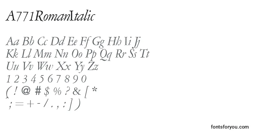 Czcionka A771RomanItalic – alfabet, cyfry, specjalne znaki