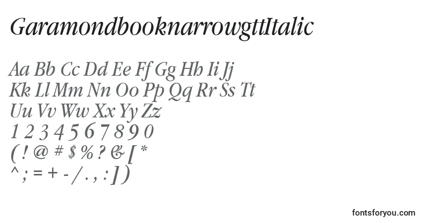 Czcionka GaramondbooknarrowgttItalic – alfabet, cyfry, specjalne znaki