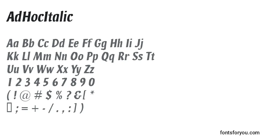 A fonte AdHocItalic – alfabeto, números, caracteres especiais