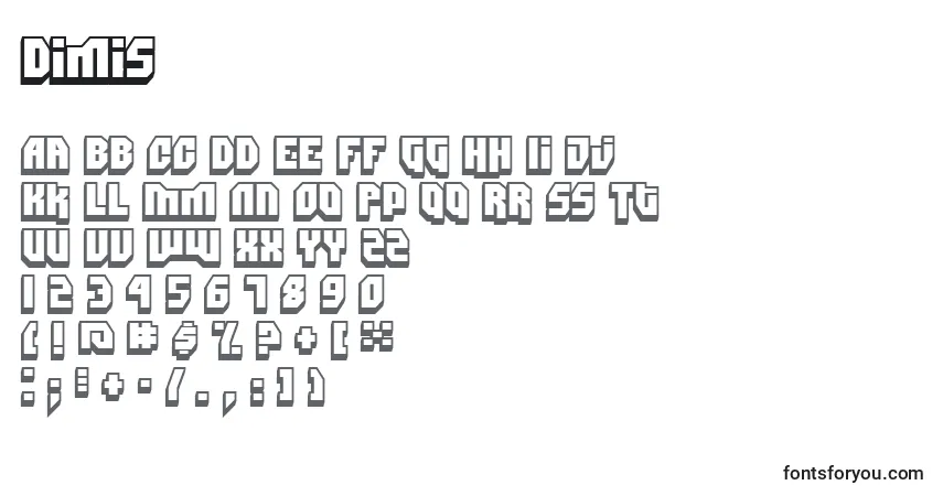 Czcionka Dimis – alfabet, cyfry, specjalne znaki