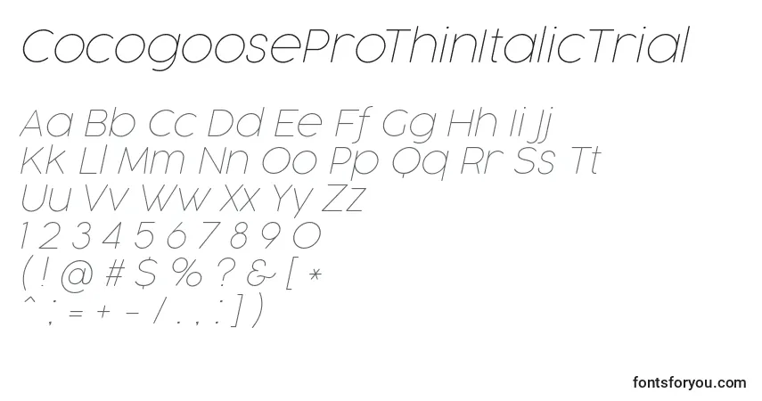 Czcionka CocogooseProThinItalicTrial – alfabet, cyfry, specjalne znaki